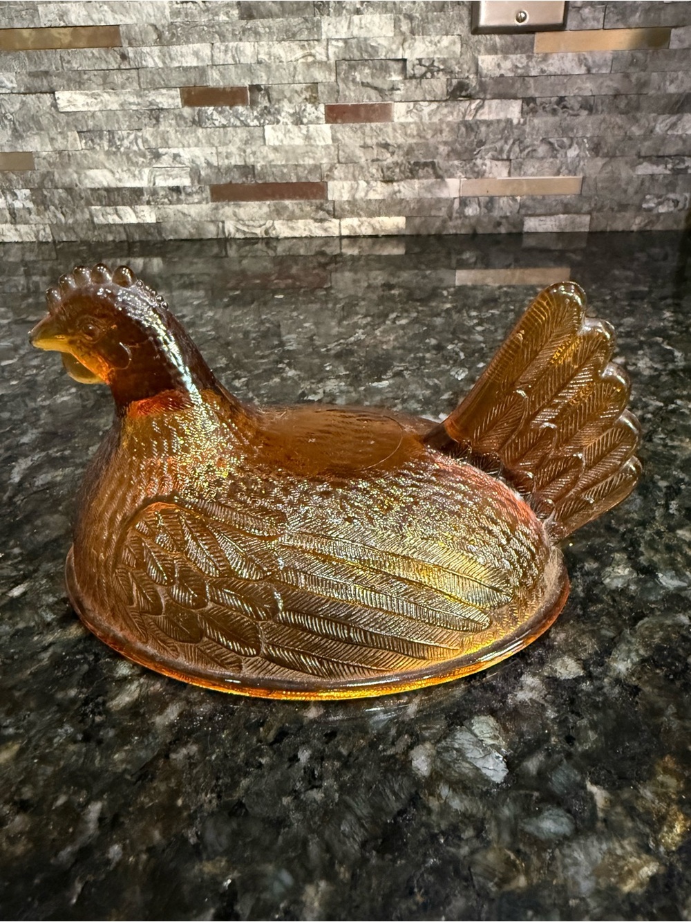 Vintage Indiana Glass Amber Hen on Nest Top Only